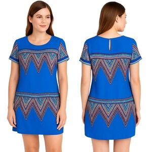 Jodi Kristopher Shift‎ Dress Blue Geometric Print Short Sleeve Summer Casual M